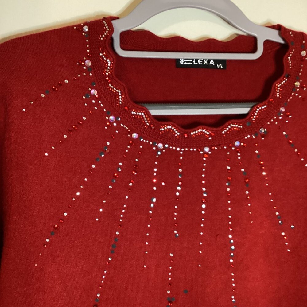 Elexa Women's Red Sweater Size M/L Wool Blend Rhinestones Scalloped Neck Party - Picture 4 of 9